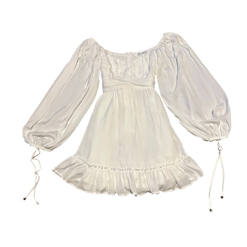 Saints + Secrets White Mini Dress Long Sleeve Back Tie Flowy Ruffle Size Small
